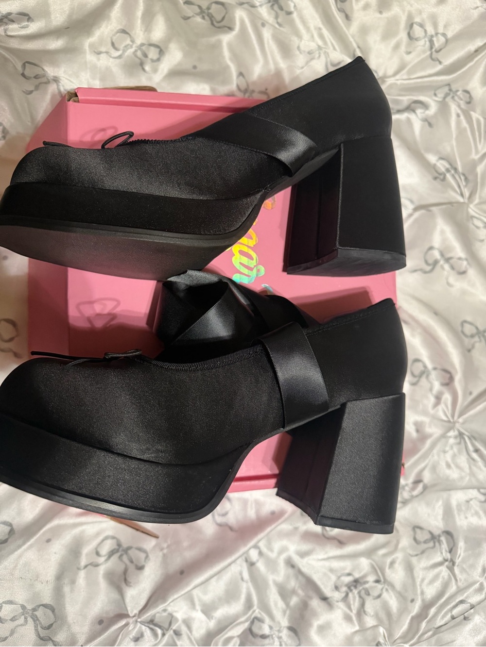 Dolls Kill Black Satin Platform Mary Jane Pumps with Ribbon Wrap - Picture 2 of 6